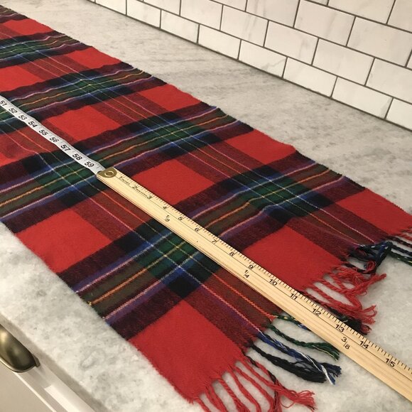 Abercrombie & Fitch Scarf One Size Red Tartan Plaid Fringe Moose Logo - Picture 5 of 7